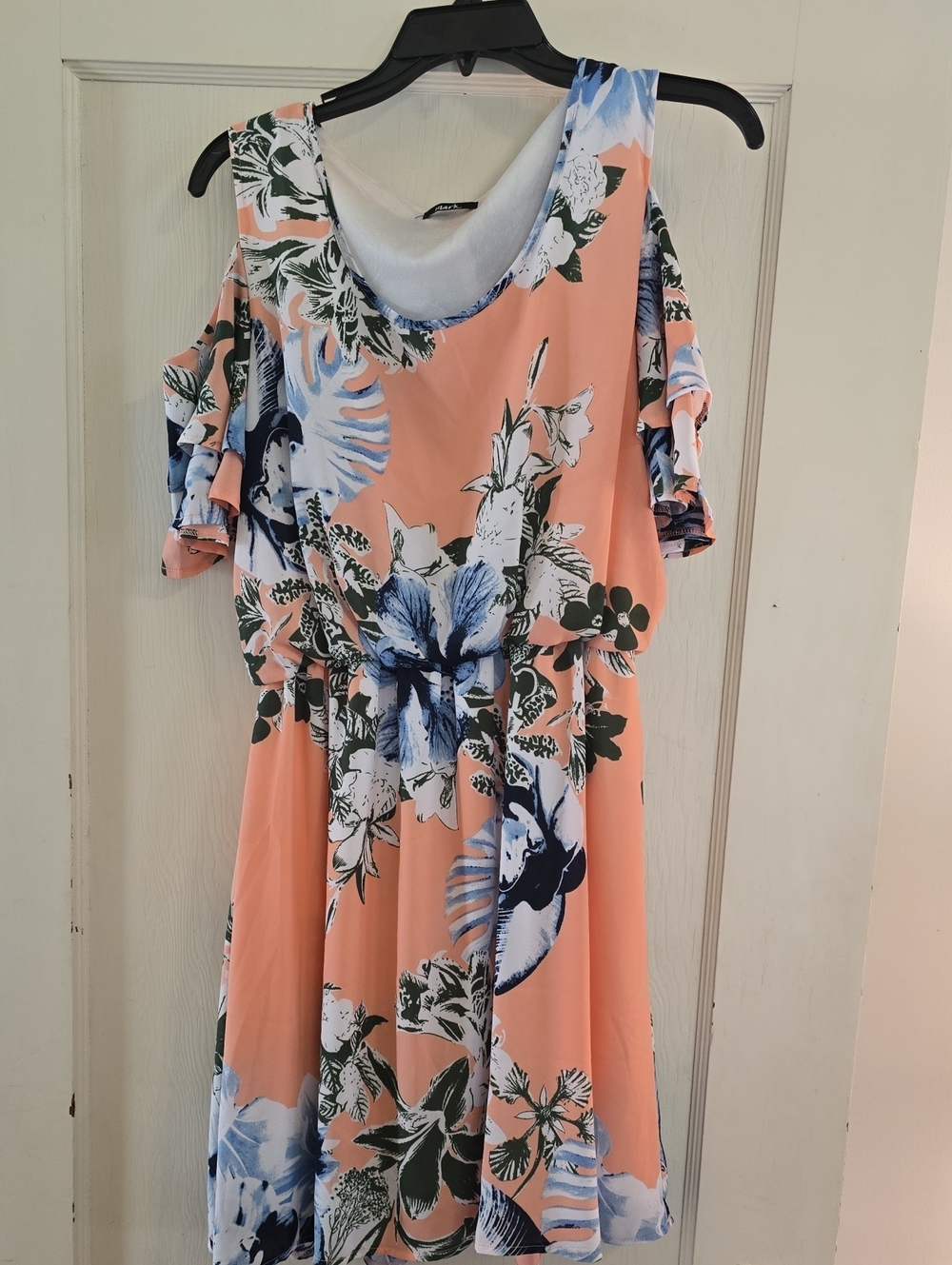 mark. Peach Floral Cold-Shoulder Midi Dress with Blue and White Blooms